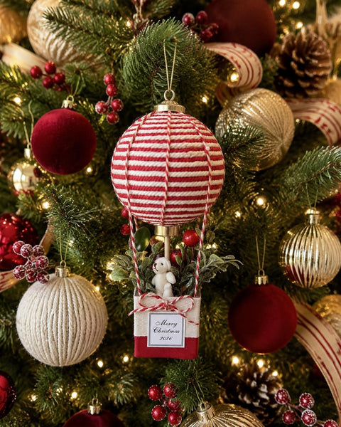 Christmas Hot Air Balloon Decoration, Red and White Holiday Centerpiece, Teddy Bear Christmas Decor, Personalized Christmas Keepsake