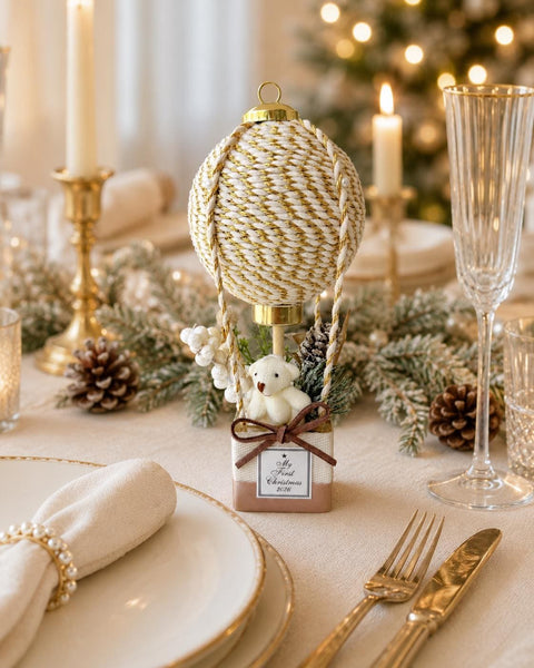 Baby’s First Christmas Ornament 2026, White Gold Hot Air Balloon Keepsake, Personalized Newborn Gift, Teddy Bear Nursery Decor