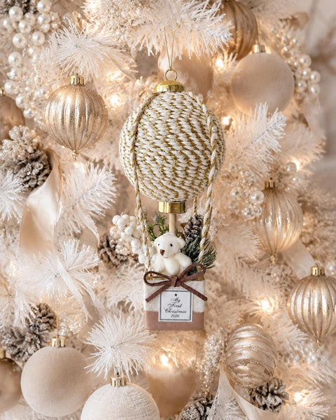 Baby’s First Christmas Ornament 2026, White Gold Hot Air Balloon Keepsake, Personalized Newborn Gift, Teddy Bear Nursery Decor