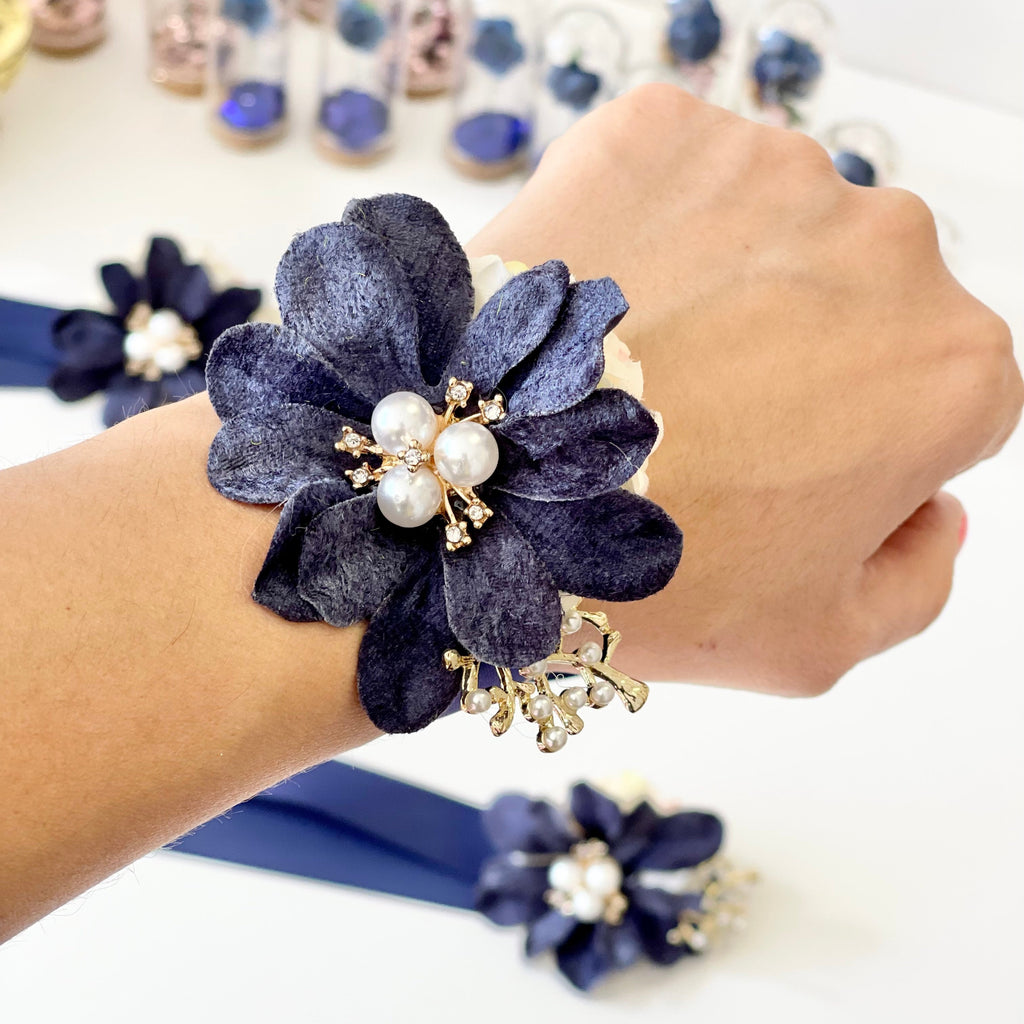 Navy Blue Prom Corsage Set, Wedding Corsages, Wrist Corsage, Bridesmaids Corsage, Bridal Bracelets Corsage